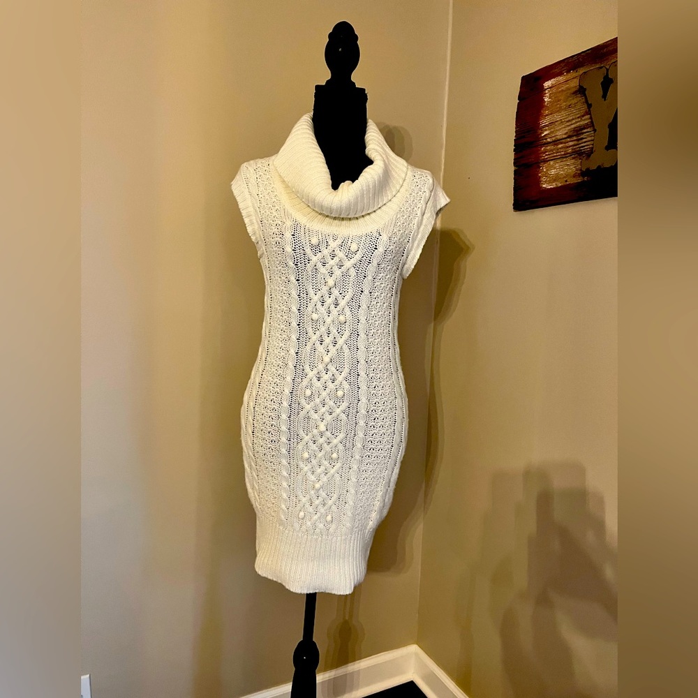 Ivory Vintage cable knit sweater dress top size small cowl neck sleeveless